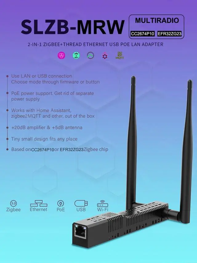 Alt view image 2 of 5 - SLZB-MRW - Zigbee 3.0 to Ethernet,USB,and WiFi Gateway Coordinator with PoE,Universal Gateway for Home Assistant/ Zigbee2MQTT/ZHA,Wireless Zigbee 3.0 USB Adapter
