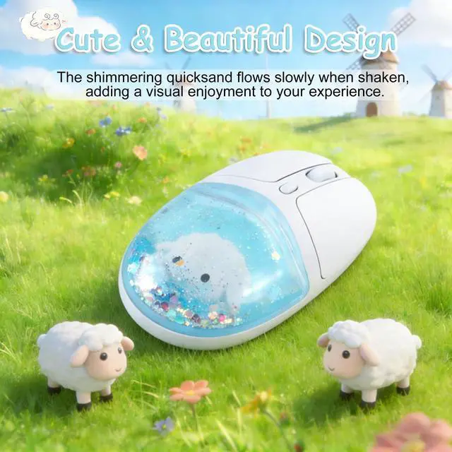 Alt view image 2 of 5 - Wireless Bluetooth Mouse with Liquid Glitter Quicksand Dual Mode Rechargeable Silent Portable Ergonomic Cute Aqua Water Mouse with LED Breathing Light, for PC Laptop Tablet Kids Adults Gift(Blu