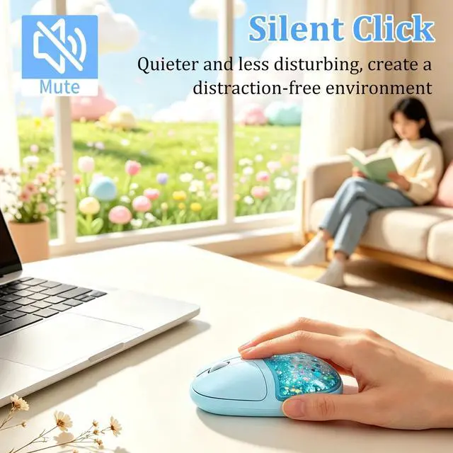 Alt view image 4 of 5 - Wireless Bluetooth Mouse with Liquid Glitter Quicksand Dual Mode Rechargeable Silent Portable Ergonomic Cute Aqua Water Mouse with LED Breathing Light, for PC Laptop Tablet Kids Adults Gift(Blu