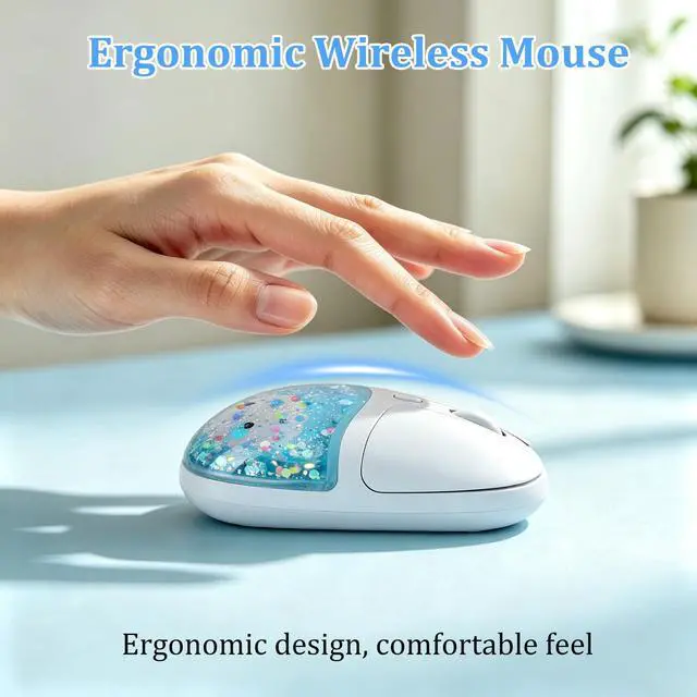 Alt view image 5 of 5 - Wireless Bluetooth Mouse with Liquid Glitter Quicksand Dual Mode Rechargeable Silent Portable Ergonomic Cute Aqua Water Mouse with LED Breathing Light, for PC Laptop Tablet Kids Adults Gift(Blu
