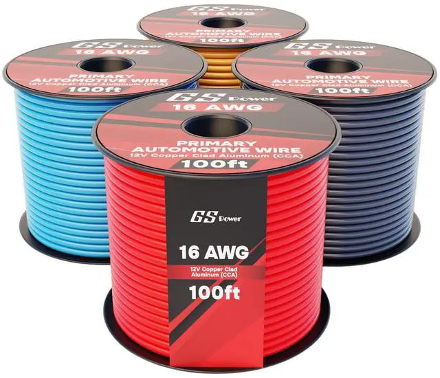 Main image of GS Power 400ft CCA 16 Gauge Wire Automotive, 100ft Spool-4 Colors, 16 AWG 12v Low Voltage, Speaker Electrical Wire Low Voltage Primary for Car Stereo Audio Trailer Harness Hookup Wiring LED Light DIY