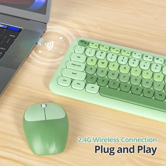 Alt view image 2 of 5 - Vumilstek Light Green Quiet Keyboard and Mouse Wireless, Retro Typewriter 104-Key Fullsize Keyboard Round Keys for Home Office Dorms PC/Laptop/Desktop(Light Green)