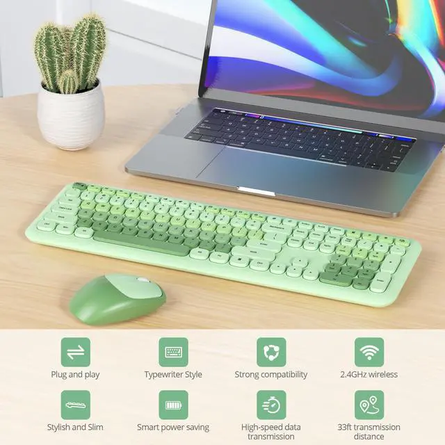 Alt view image 3 of 5 - Vumilstek Light Green Quiet Keyboard and Mouse Wireless, Retro Typewriter 104-Key Fullsize Keyboard Round Keys for Home Office Dorms PC/Laptop/Desktop(Light Green)