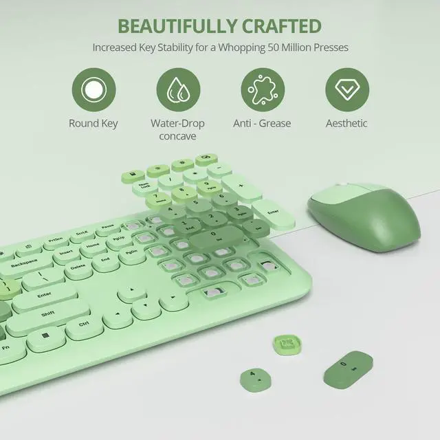 Alt view image 4 of 5 - Vumilstek Light Green Quiet Keyboard and Mouse Wireless, Retro Typewriter 104-Key Fullsize Keyboard Round Keys for Home Office Dorms PC/Laptop/Desktop(Light Green)