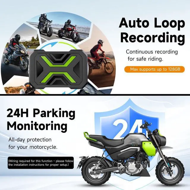 Alt view image 2 of 5 - Motorcycle Dash Cam Front and Rear, Dual 1080p Dash Cam for Motorcycle with 64GB SD Card IP67 Waterproof, Loop Recording 24H Parking Monitor Night Vision with App Control Max Support 128 GB