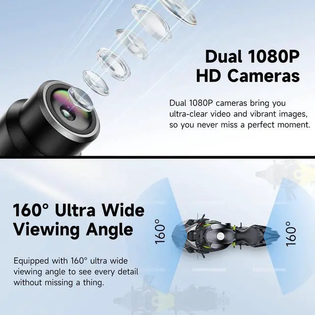 Alt view image 3 of 5 - Motorcycle Dash Cam Front and Rear, Dual 1080p Dash Cam for Motorcycle with 64GB SD Card IP67 Waterproof, Loop Recording 24H Parking Monitor Night Vision with App Control Max Support 128 GB