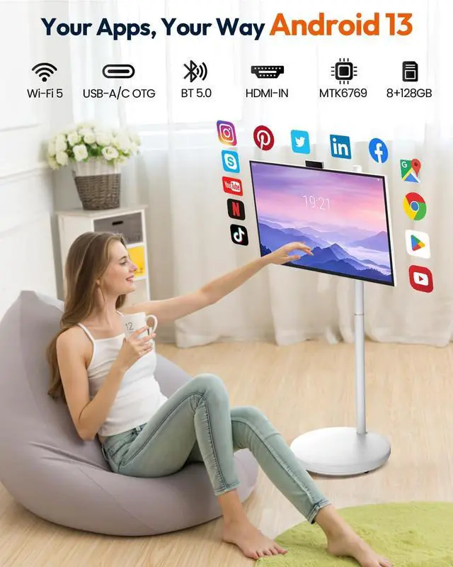 Alt view image 4 of 5 - MESWAO 32 Inch Portable Smart TV on Wheels, Widevine L1 for Netflix HD, 12800mAh Battery, Android Rolling TV with 8GB RAM 128GB ROM, 1080P FHD Touch Screen Mobile Screen with Pop-up Privacy Camera