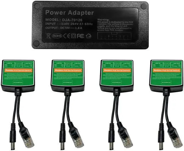 Main image of PoE Injector Adapter with 4 PoE Splitters 5.5x2.1mm 12V2A Output, PoE Serial Splitter Kit Comply IEEE 802.3af/at Standard, Total Distance Up to 1312 ft for Non-PoE Devices. (PoE Serial Switch Indoor)
