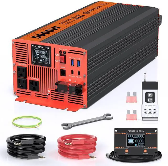 Main image of 5000W Pure Sine Wave Inverter, Car Power Inverter 24V to 120V with Dual AC and 20A Socket, 18W+18W USB, 100W+30W Type-C, Surge 10000W, Remote Controller