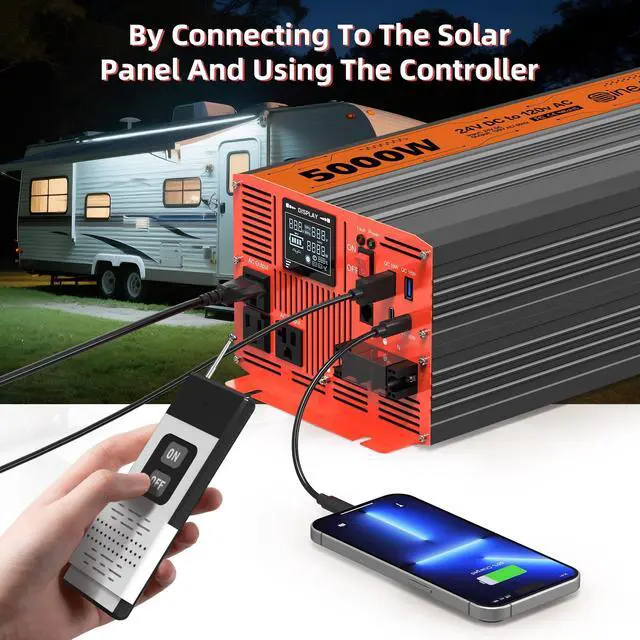 Alt view image 3 of 5 - 5000W Pure Sine Wave Inverter, Car Power Inverter 24V to 120V with Dual AC and 20A Socket, 18W+18W USB, 100W+30W Type-C, Surge 10000W, Remote Controller