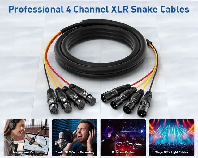 Alt view image 2 of 5 - Novazylum 3 Ft XLR Snake Cables 4 Colored - 4-Channel Microphone Patch Cables XLR Male to Female, Recording Snake for Live,Recording,Stage,Studios 2 Pack