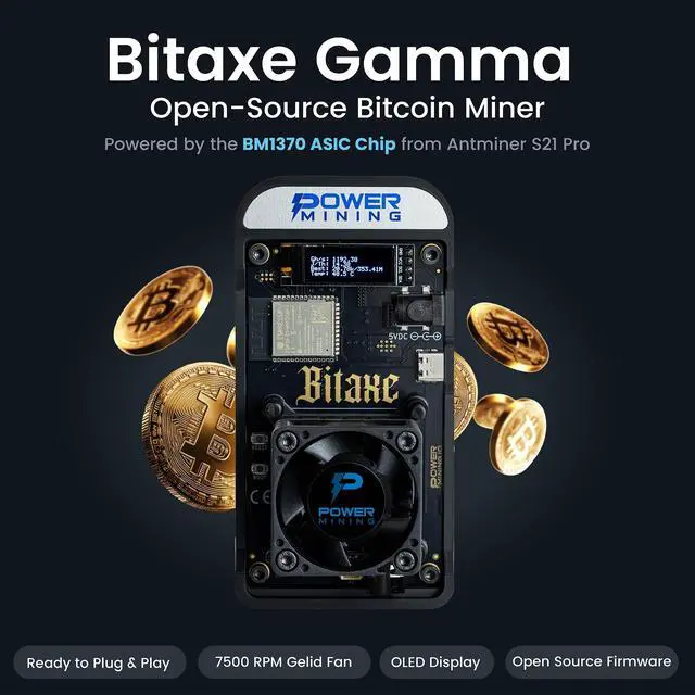 Alt view image 2 of 5 - POWER MINING Bitaxe Gamma 602 ASIC Bitcoin Miner ^^ 1.1 TH/s @ 18W ^^ BM1370 Chip (Antminer S21 Pro) ^^ Wi-Fi ^^ USB-C ^^ AxeOS ^^ Open Source ^^ Made in Europe ^^ Incl. Power Supply & Stand