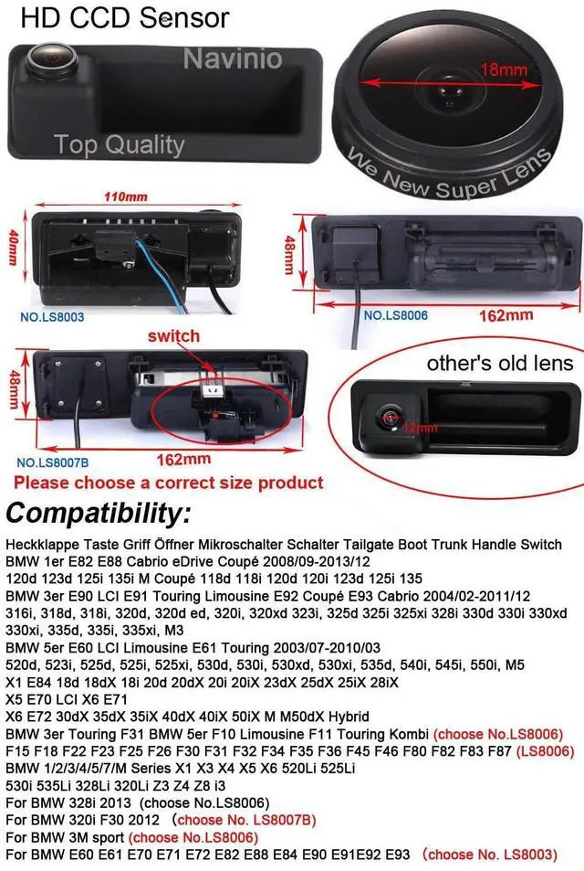 Alt view image 3 of 5 - Car Backup Camera Replacement for BMW 3/5 Series 118 316 318 325 328 320 325 328Li 120i 330 335 320i 330i 335i 520 523 530 X5 X6 X1 E39 E46 E53 E82 E88 E84 E90 E91 E92 E93 E60 E61 E70 E71 E72 18i