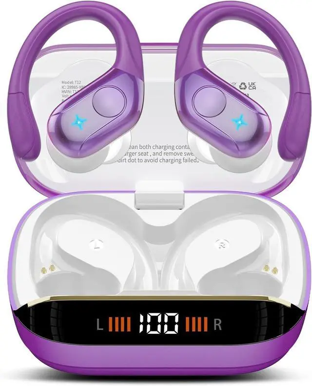 Main image of Qecnato Headphones 75H Stereo Deep Bass Sports Over Ear Buds with Earhooks, IP7 Waterproof Earphone for Running, LED Display Bluetooth Earbuds, Dark Purple