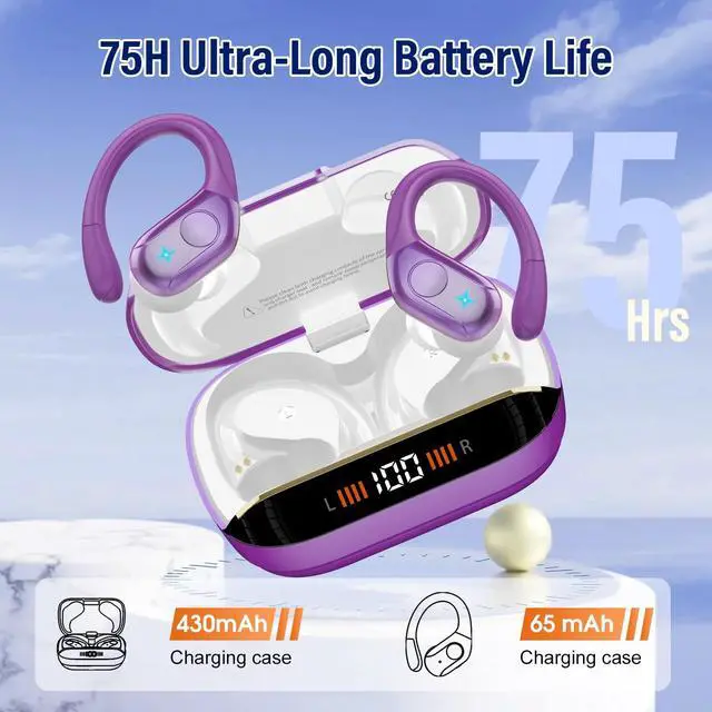 Alt view image 5 of 5 - Qecnato Headphones 75H Stereo Deep Bass Sports Over Ear Buds with Earhooks, IP7 Waterproof Earphone for Running, LED Display Bluetooth Earbuds, Dark Purple