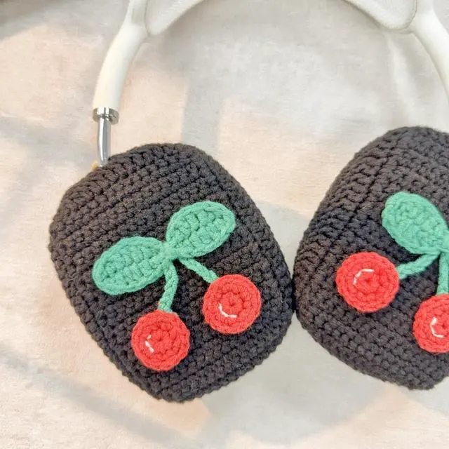 Alt view image 2 of 4 - Handmade Crochet Black Cherry Headphone Cover Compatible with AirPods Max, Protective Case for Music Lovers