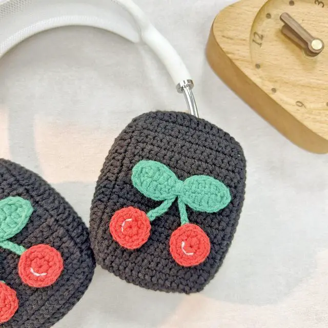 Alt view image 3 of 4 - Handmade Crochet Black Cherry Headphone Cover Compatible with AirPods Max, Protective Case for Music Lovers