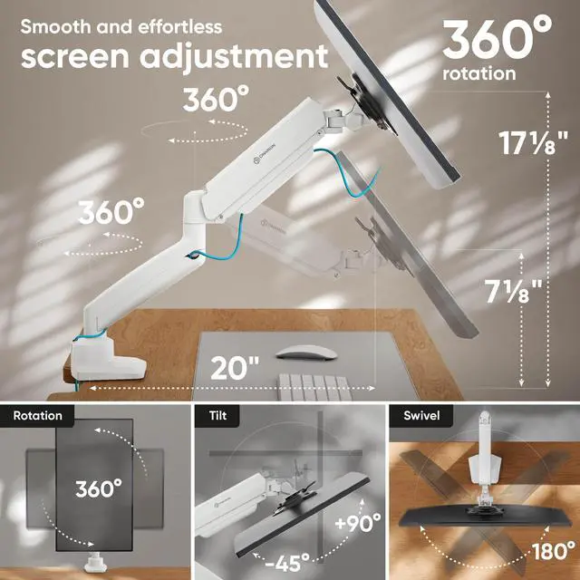 Alt view image 3 of 5 - ONKRON Single Monitor Arm Desk Mount for 13-32 Inch Screens up to 22 lbs, Full Motion Desktop Monitor Stand VESA 75x75 & VESA 100x100, Gas Spring Screen Stand for Desk, Clamp & Grommet White