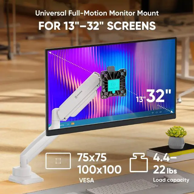 Alt view image 2 of 5 - ONKRON Single Monitor Arm Desk Mount for 13-32 Inch Screens up to 22 lbs, Full Motion Desktop Monitor Stand VESA 75x75 & VESA 100x100, Gas Spring Screen Stand for Desk, Clamp & Grommet White