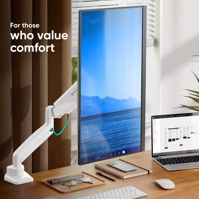 Alt view image 5 of 5 - ONKRON Single Monitor Arm Desk Mount for 13-32 Inch Screens up to 22 lbs, Full Motion Desktop Monitor Stand VESA 75x75 & VESA 100x100, Gas Spring Screen Stand for Desk, Clamp & Grommet White