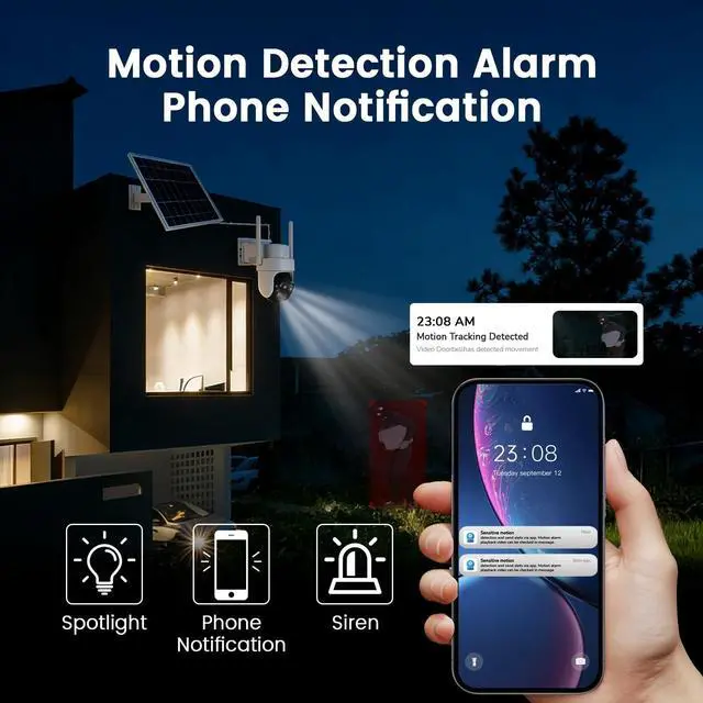 Alt view image 5 of 5 - EDSACE 24/7 Recording AOV Outdoor Solar-Powered Security Camera - 100% Wireless Outdoor Home Surveillance Camera, PTZ Camera, Automatic Human Tracking, 2K Color Night Vision Support 5Ghz 2.4G W