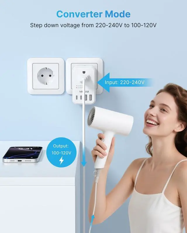 Alt view image 2 of 5 - 220V to 110V Voltage Converter US to Europe, VINTAR 2000W Detachable Power Converter Adapter Combo with Type A/C/G/I Plugs, International Travel Converter for Hair Dryer Straightener Curling Iron