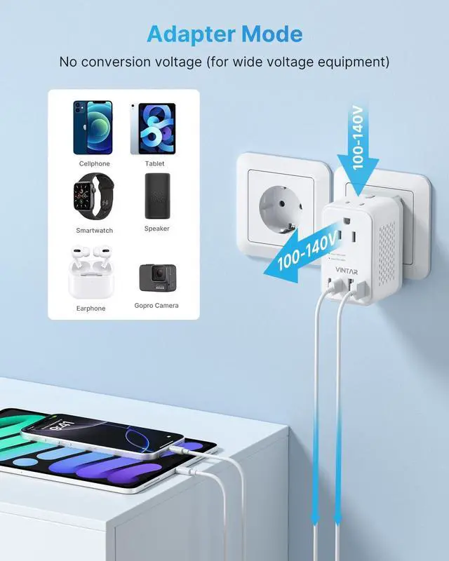 Alt view image 3 of 5 - 220V to 110V Voltage Converter US to Europe, VINTAR 2000W Detachable Power Converter Adapter Combo with Type A/C/G/I Plugs, International Travel Converter for Hair Dryer Straightener Curling Iron