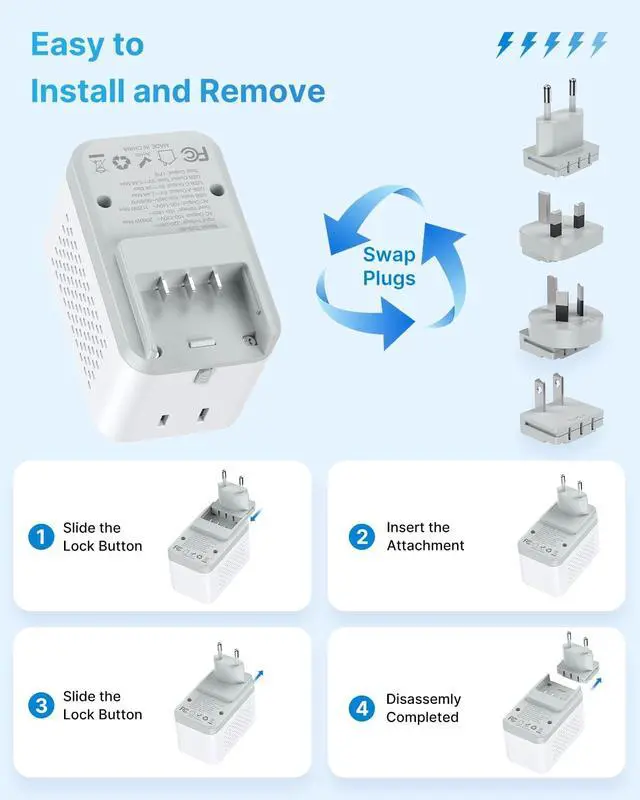 Alt view image 5 of 5 - 220V to 110V Voltage Converter US to Europe, VINTAR 2000W Detachable Power Converter Adapter Combo with Type A/C/G/I Plugs, International Travel Converter for Hair Dryer Straightener Curling Iron