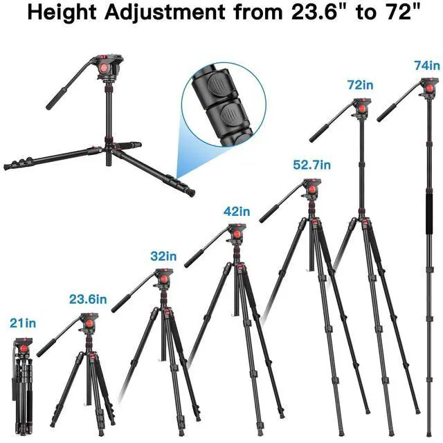 Alt view image 3 of 5 - Victiv Camera Tripod, 72" Video Tripod with Fluid Head, Aluminum Heavy Duty Tripod with Carry Bag, Professional Camera Tripods & Monopods, Compatible with Canon, Sony, DSLR, Camcorder