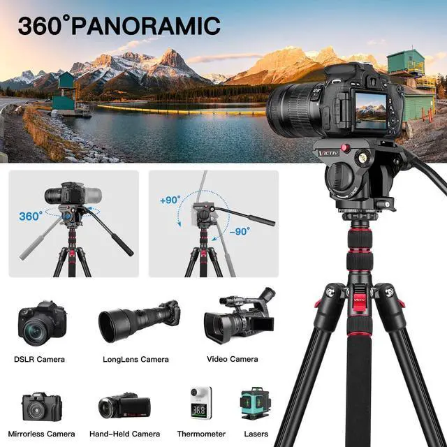 Alt view image 4 of 5 - Victiv Camera Tripod, 72" Video Tripod with Fluid Head, Aluminum Heavy Duty Tripod with Carry Bag, Professional Camera Tripods & Monopods, Compatible with Canon, Sony, DSLR, Camcorder