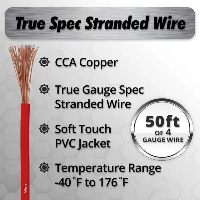 Alt view image 2 of 5 - InstallGear 4 Gauge Copper Clad Aluminum Wire - 50 Ft 4GA Power Ground Cable for Car Audio, Battery, RV, Trailer and Automotive Wiring - Flexible Car Amplifier - Red