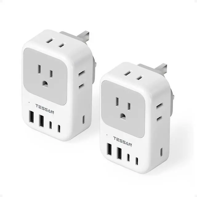 Main image of Type G Adapter for Travel 28W, TESSAN US to UK Plug Adapter with 4 Outlets 5 USB Ports (3 USB-C), Power Outlet Adaptor for USA to Ireland England London British Scotland Hong Kong Kenya, 2 Packs