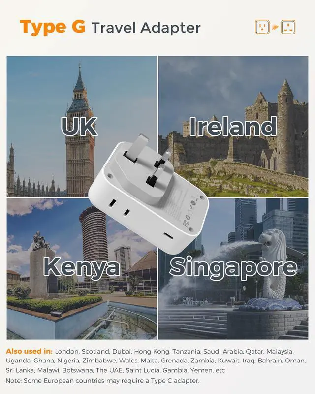 Alt view image 2 of 5 - Type G Adapter for Travel 28W, TESSAN US to UK Plug Adapter with 4 Outlets 5 USB Ports (3 USB-C), Power Outlet Adaptor for USA to Ireland England London British Scotland Hong Kong Kenya, 2 Packs