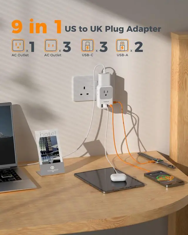 Alt view image 4 of 5 - Type G Adapter for Travel 28W, TESSAN US to UK Plug Adapter with 4 Outlets 5 USB Ports (3 USB-C), Power Outlet Adaptor for USA to Ireland England London British Scotland Hong Kong Kenya, 2 Packs