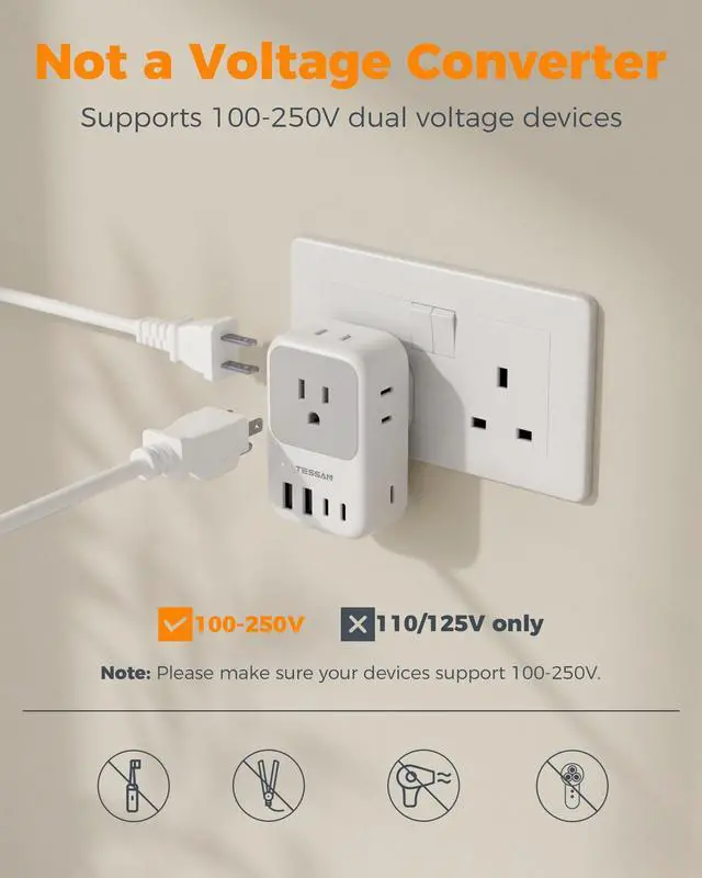 Alt view image 5 of 5 - Type G Adapter for Travel 28W, TESSAN US to UK Plug Adapter with 4 Outlets 5 USB Ports (3 USB-C), Power Outlet Adaptor for USA to Ireland England London British Scotland Hong Kong Kenya, 2 Packs