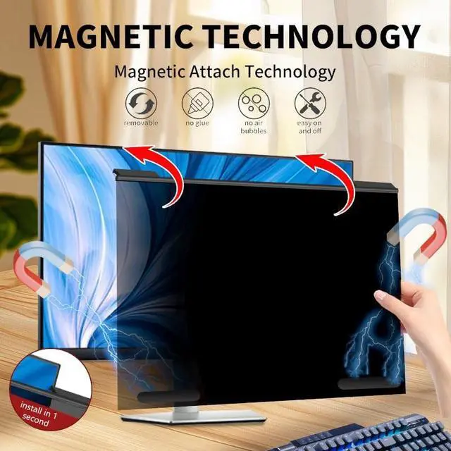 Alt view image 3 of 5 - Hoktods 24 Inch 16:9 Magnetic Monitor Privacy Screen, Anti Glare Blue Light Blocking Filter, Shockproof Drop Resistant PC Panel with Top Anti-Slip Aluminum Frame for Home Office Flat Desktop Monitors