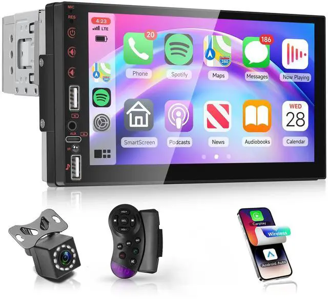 Main image of Car Stereo Single Din Wireless Carplay Android Auto 7'' Touch Screen, Rimoody Car Radio Bluetooth support Online Video and Yo-u Tu-be video, FM, EQ, Type-C, AUX, USB-2, Mirror Link, SWC, Backup