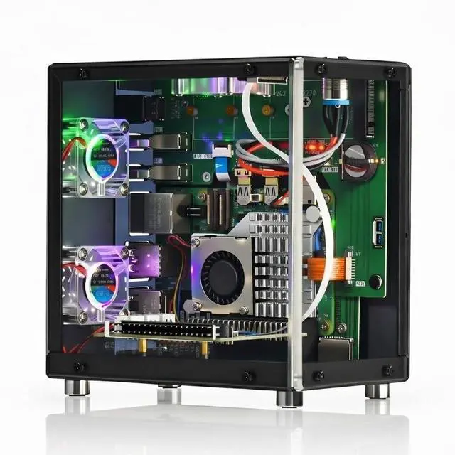 Alt view image 2 of 5 - iUniker PiTower Aluminum Mini Tower Case for Raspberry Pi 5 with 1.3" OLED Display, Triple RGB Cooling Fans, NVMe SSD & PCIe Support, Safe Shutdown Power Button, RTC, All Ports Accessible (Black)