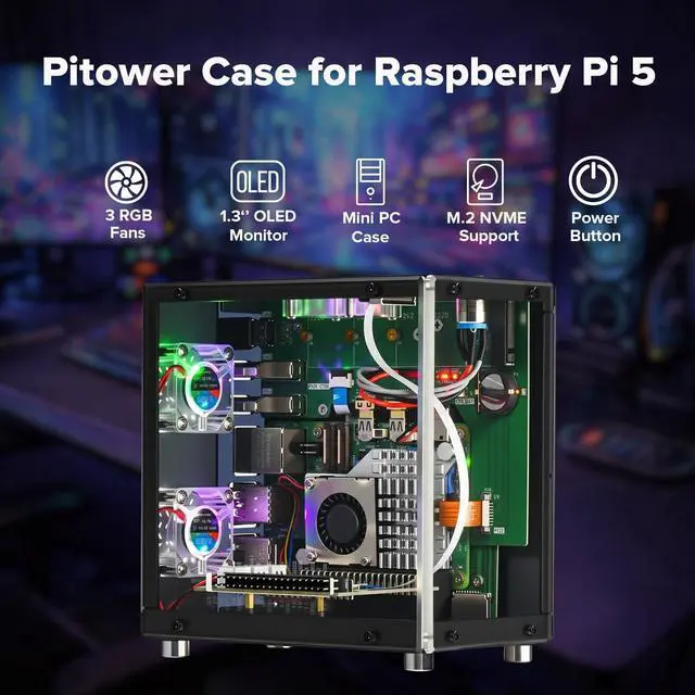 Alt view image 3 of 5 - iUniker PiTower Aluminum Mini Tower Case for Raspberry Pi 5 with 1.3" OLED Display, Triple RGB Cooling Fans, NVMe SSD & PCIe Support, Safe Shutdown Power Button, RTC, All Ports Accessible (Black)
