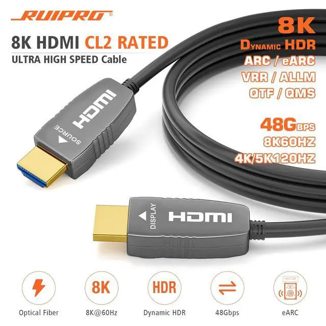 Alt view image 2 of 5 - RUIPRO 8K Fiber Optic HDMI Cable 33 Feet, CL2 Rated 48Gbps 8K60Hz 4K120Hz Dynamic HDR eARC HDCP2.2/2.3 for RTX4080/4090/3080/3090, Xbox S/X, PS5/4, AVR, Projector, LG/Samsung/Sony TV