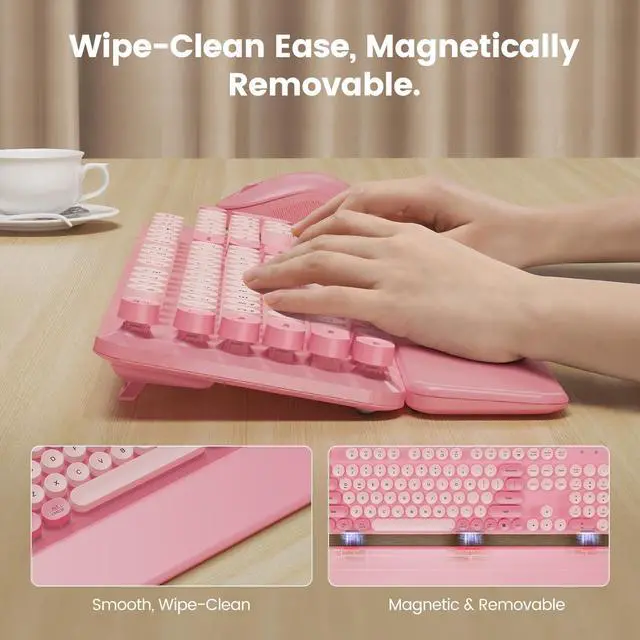 Alt view image 3 of 5 - Wireless Keyboard and Mouse Combo with Magnetic Wrist Rest, Round Keycaps, Full-Size Retro Typewriter-Style, Two-Stage Tilt Legs, Auto-Sleep, 2.4G Wireless for Windows Mac Laptop PC, Sof