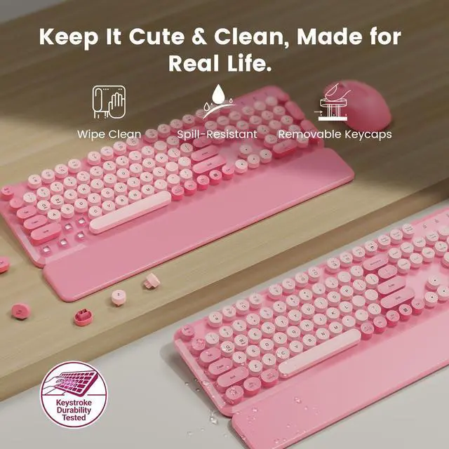 Alt view image 4 of 5 - Wireless Keyboard and Mouse Combo with Magnetic Wrist Rest, Round Keycaps, Full-Size Retro Typewriter-Style, Two-Stage Tilt Legs, Auto-Sleep, 2.4G Wireless for Windows Mac Laptop PC, Sof