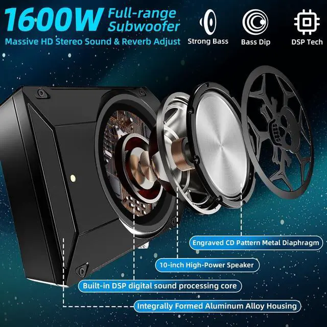 Alt view image 2 of 5 - WDiYA 1600W Car Subwoofer, 10" Ultra-Thin Powered Under-Seat Sub with Built-in Amplifier, LPF/Gain/Bass Boost, Touch Control, Physical Switch Rhythm LED Ambient Light, Independent Bass Knob