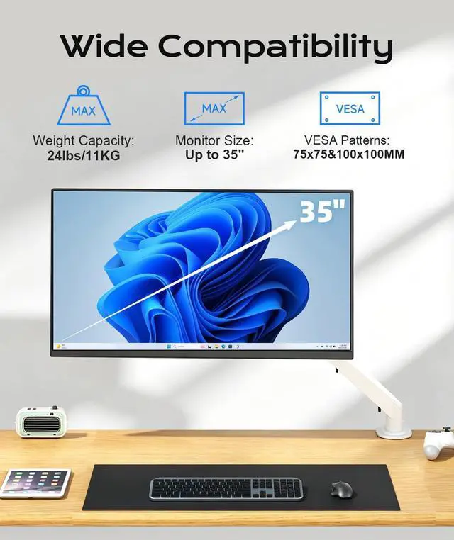 Alt view image 3 of 5 - Pholiten Single Monitor Mount, Fully Adjustable Gas Spring Single Monitor Arm for up to 32 inch Screens, Computer Monitor Stand for Desk Holds up to 24lb, VESA 75/100mm, White
