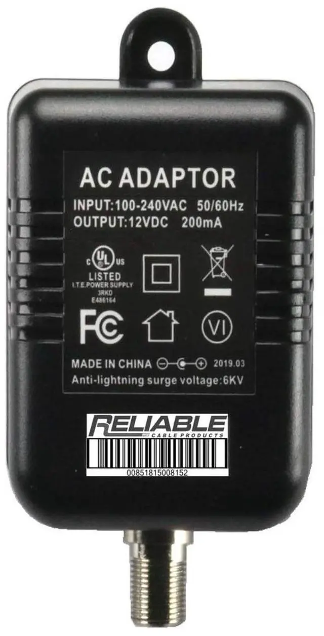 Main image of Reliable Cable Power Supply, High Efficiency OEM Replacement Wall Mount Coax Coaxial Power Adapter for CATV Drop Amplifiers 12V 200mA (0.2A) with F-Type Connection, DoE Level VI Rated