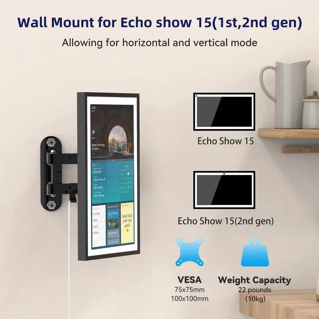 Alt view image 4 of 5 - Mount for Echo Show 15 (1st, 2nd Gen), Adjustable Echo Show 15 Wall Mount Bracket, Swivel Horizontal or Vertical, Extension Wall Mount Stand, by WAWXH1314