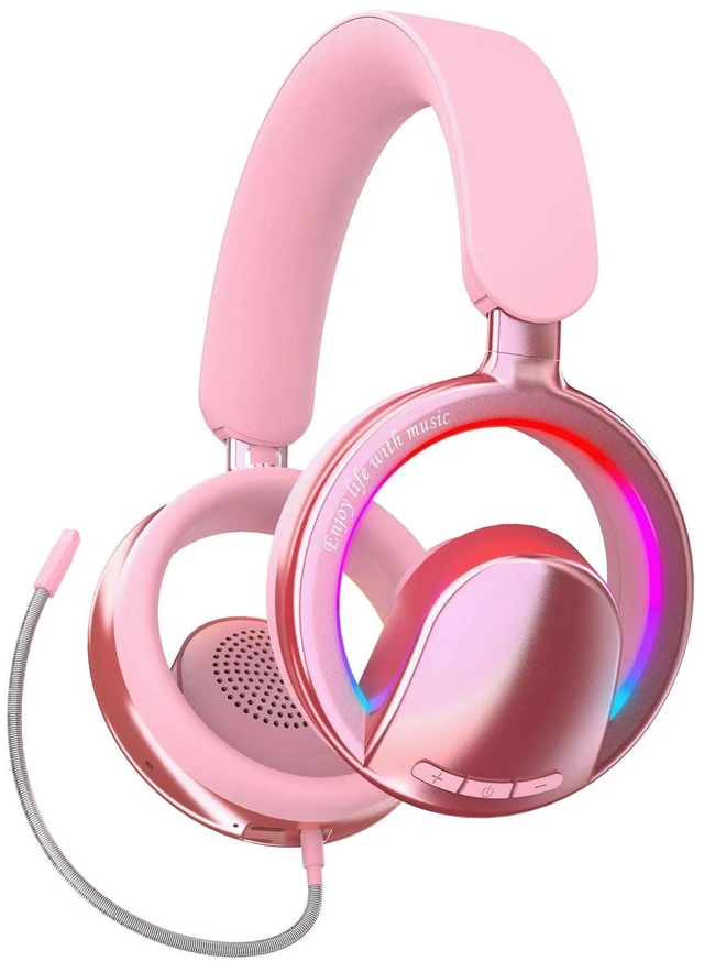 Main image of Xmenha Pink Open Ear Open-Back Headphones Wireless Bluetooth Gaming Headset with Mic for PC Switch Xbox One PS4 PS5, 3.5mm Wired Breathable Lightweight Over Ear Headphones Adjustable RGB Light