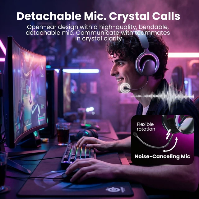 Alt view image 5 of 5 - Xmenha Pink Open Ear Open-Back Headphones Wireless Bluetooth Gaming Headset with Mic for PC Switch Xbox One PS4 PS5, 3.5mm Wired Breathable Lightweight Over Ear Headphones Adjustable RGB Light