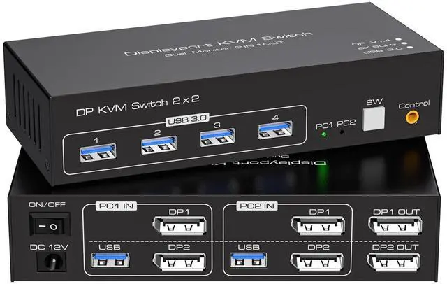 Main image of ATLAHET Displayport KVM Switch 2 Monitors 2 Computers 8K 60Hz 4K 120Hz Dual Monitor USB 3.0 KVM Switches for 4 USB Devices, Wired Extension Button,12V DC Adapter and USB3.0 Cables -3.6CM High