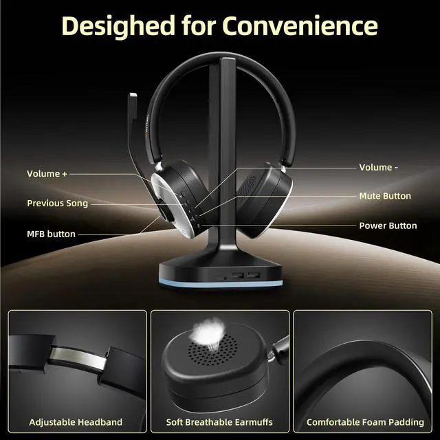 Alt view image 2 of 5 - Wantek Wireless Bluetooth Headset with Charging Dock 2-in-1 USB Dongle/Bluetooth Connection, Noise Canceling Mic for Office/Work/Travel
